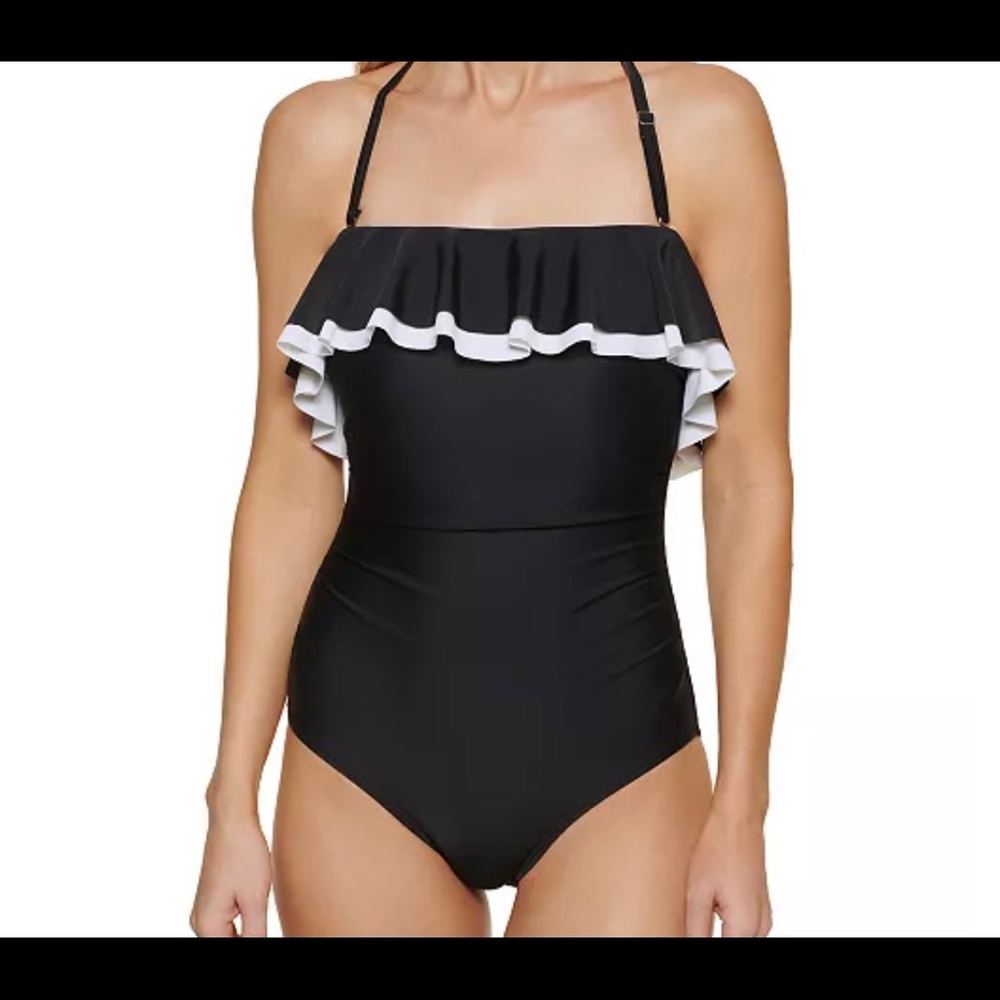 NWOT Tommy Hilfiger one piece swimsuit size 16; flounce ruffle; strapless; black